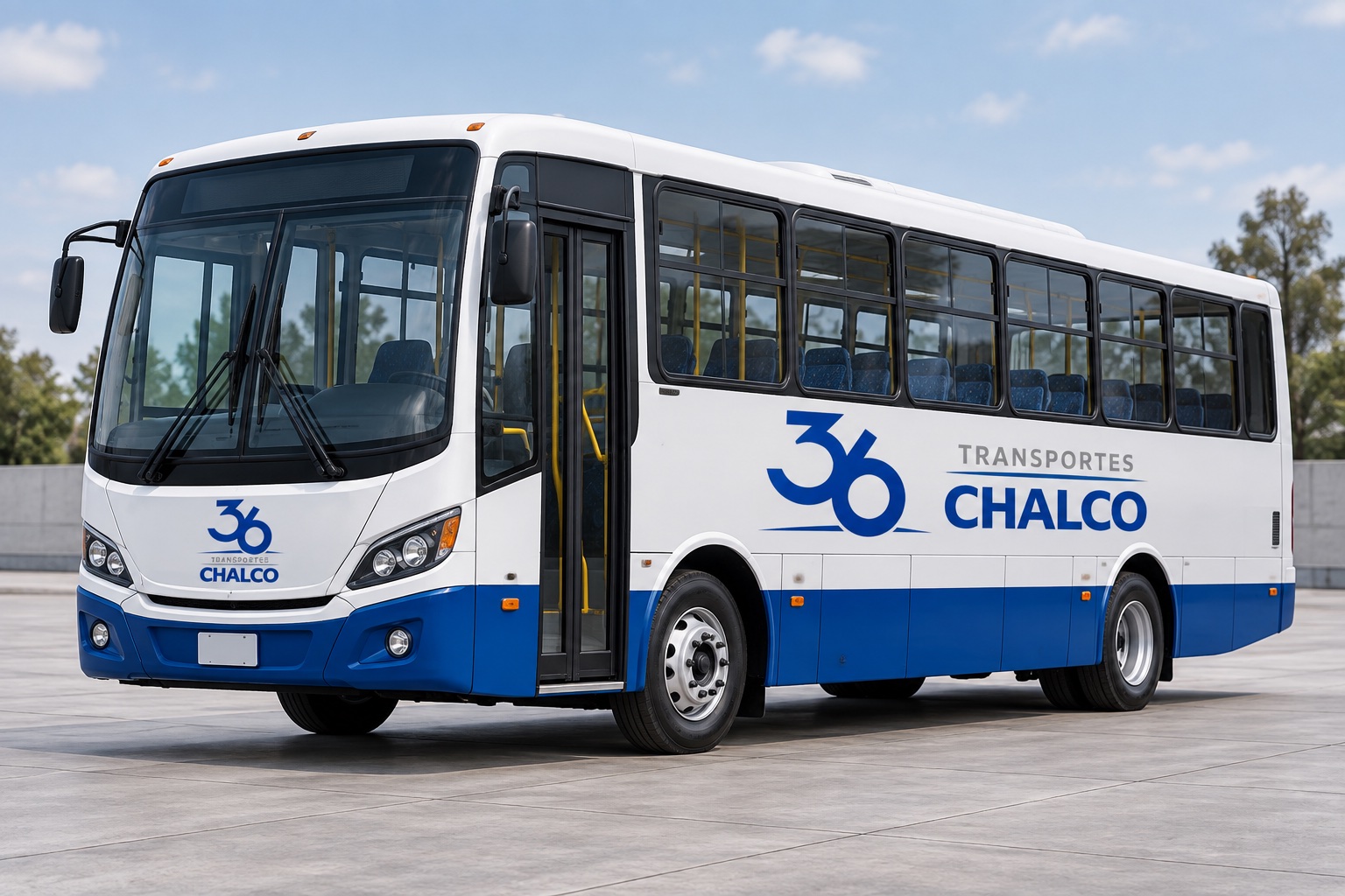 Visualización de un autobús urbano blanco con franja azul y logo de Transportes Chalco 36