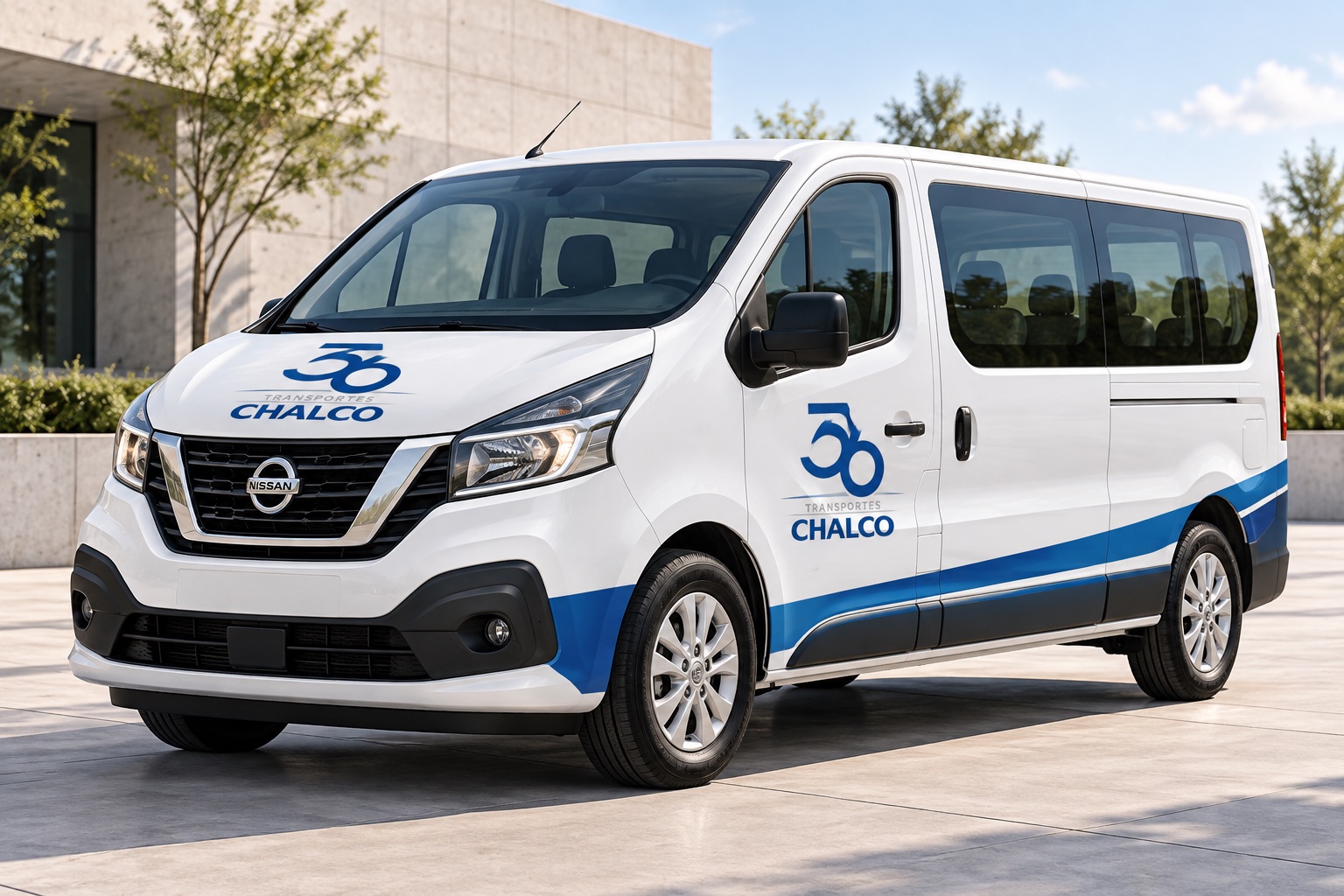 Imagen ilustrativa de una unidad de transporte blanca con el logo azul de Transportes Chalco 36 en el costado